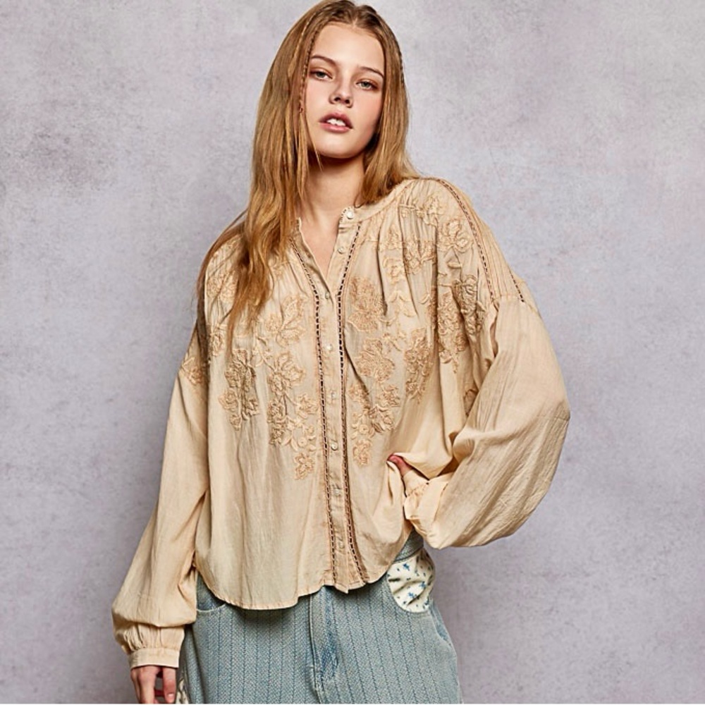 ♥️Hello Gorgeous! POL Embroidery Button Down Long Sleeve Washed Shirt - Almond - Picture 2 of 10
